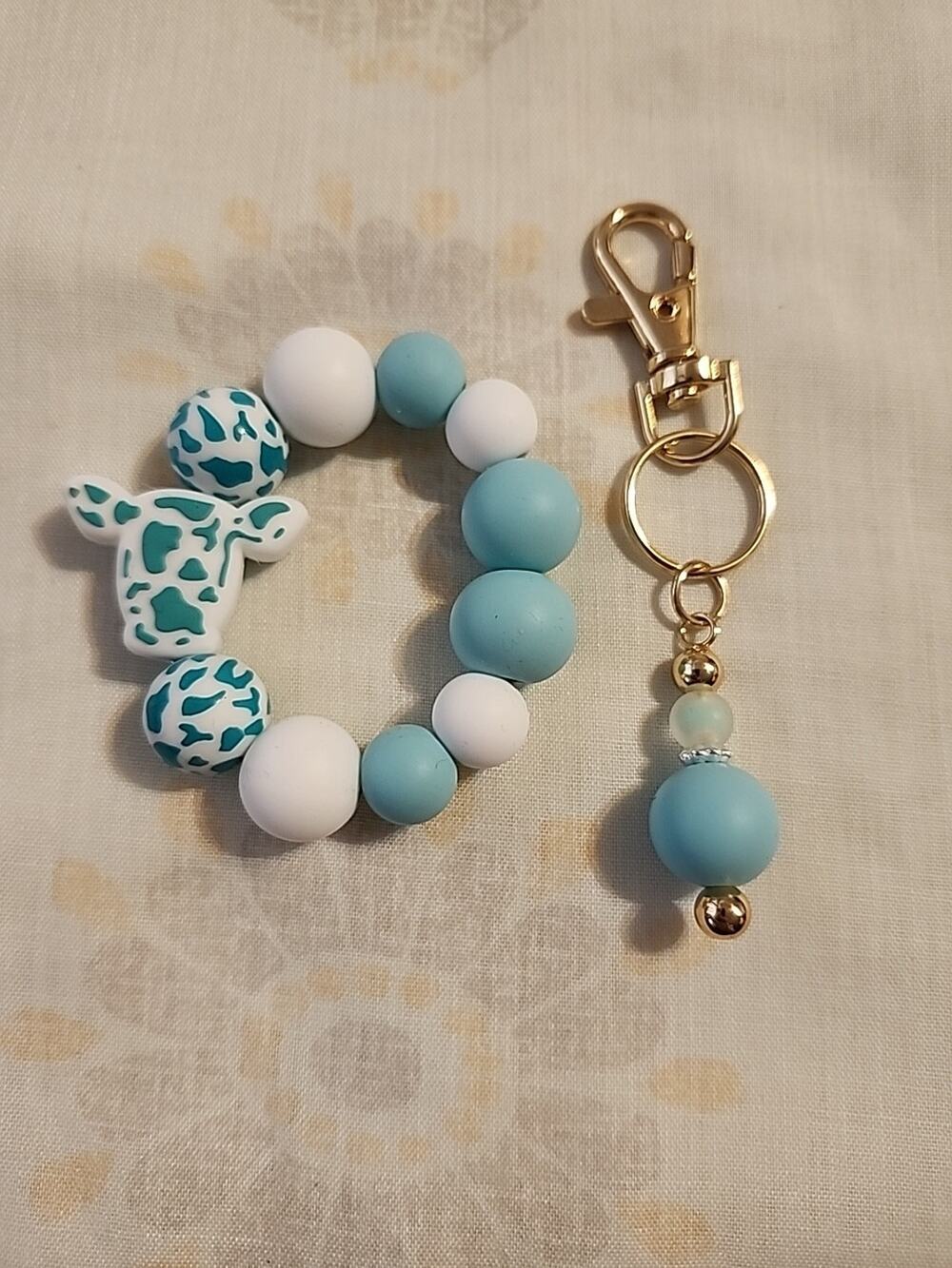Cup Charm & Small Key Chain Matching Combo Blue Cow Print Silicone Beads